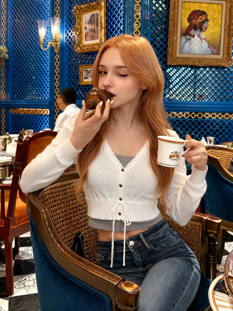 Girl‑style Cropped Knit Cardigan, Wavy V‑Neck Long‑Sleeve Drawstring Waist Slim‑Fit Shrug, Casual Outerwear Top