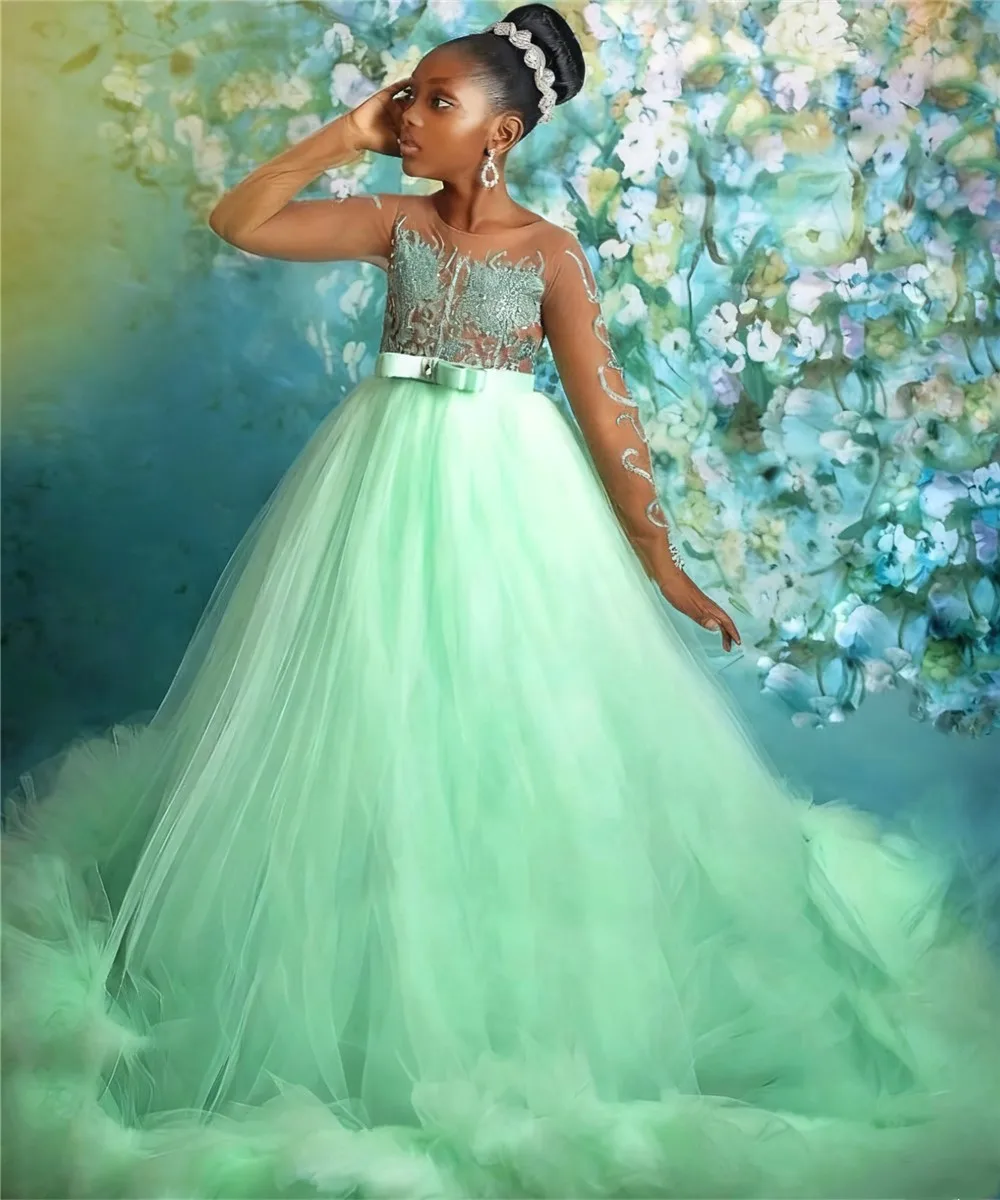 

Customized Green Flower Girl Wedding Dress Appliques Bow Belt Long Sleeves Puffy Tiered Ruffles Children Birthday Pageant Gown