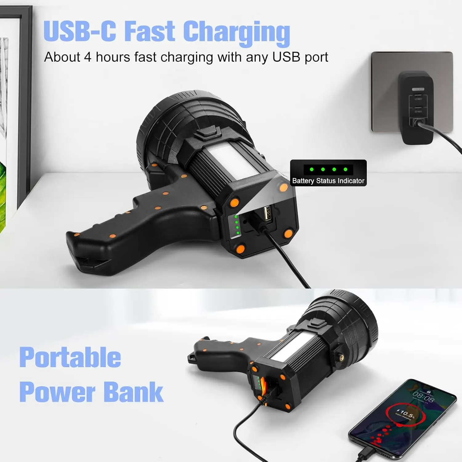 Rechargeable Super Bright LED Spotlight with Flood Light, Tripod, Long Battery Life for Camping and Outdoor Use