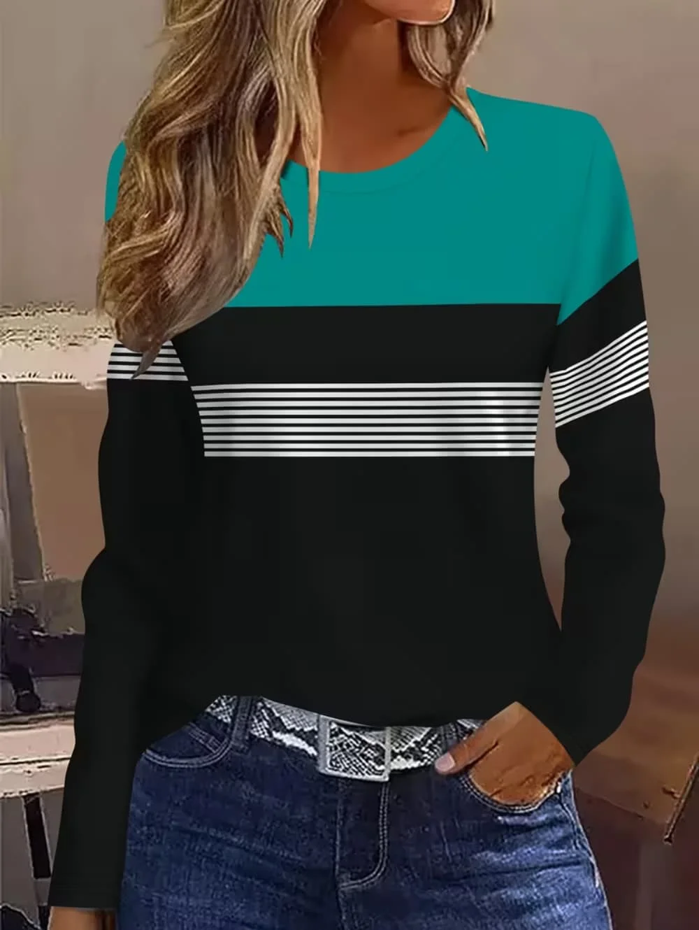 Women Clothes Stripe Color Block 3D Print Long Sleeve T-Shirt Round Neck Regular Top Casual Thin Pullover Tops Women's Clothing