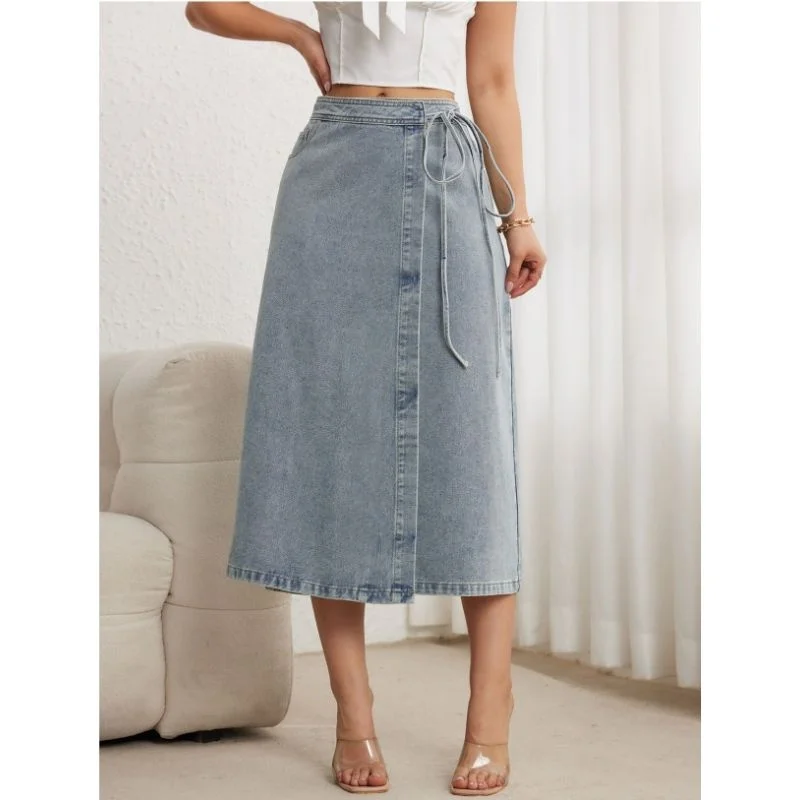 2026 Summer Girls Fashion Denim Skirt Lady Classic A-line Tie Waist High Waist Midi Skirt Female Korean Elegant Jeans Dress