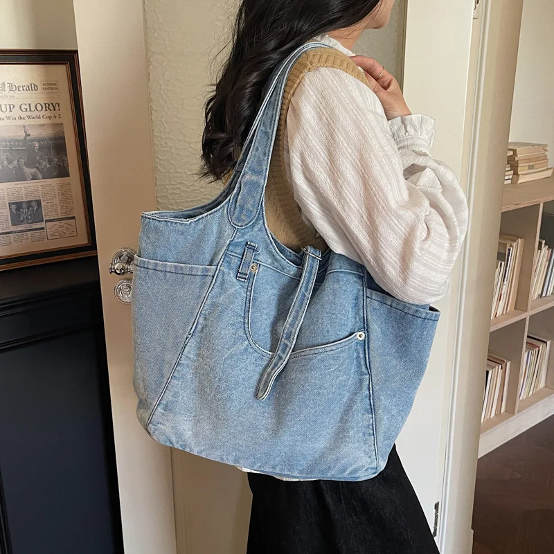Denim Women Shoulder Bags Travel Shopper Shopping bag large capacity female Handbag bolsa Big totes blue  For Daily Commute Work