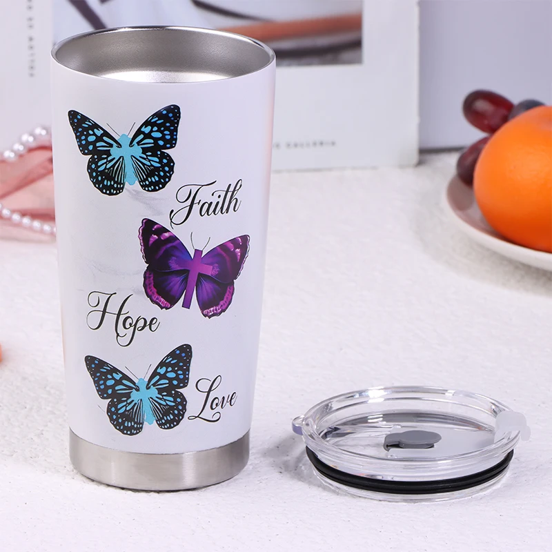 1pc 20oz Butterfly Tumbler Cup With Lid Stainless Steel Double Wall Vacuum Thermos Insulated Travel Coffee Mug