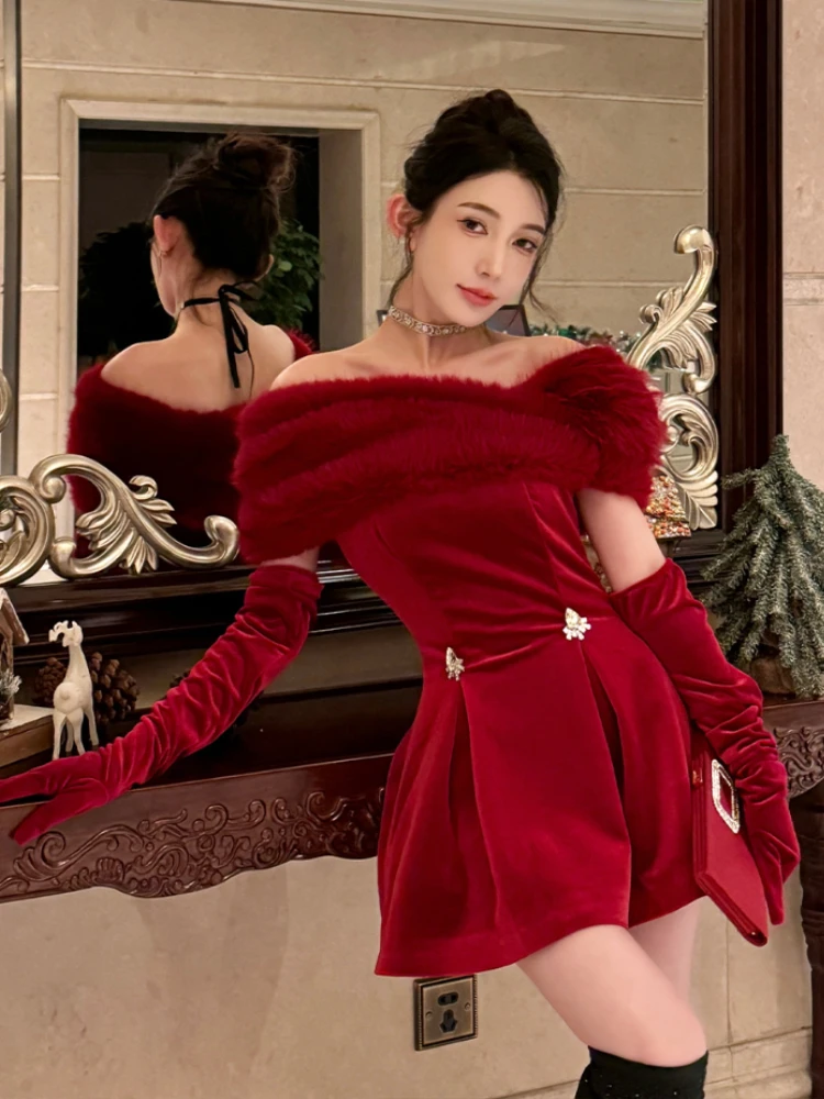 New Year Party Red Velvet Dress Women\'s 2023 Autumn Winter New Diamond Shoulder Detachable Fur Collar Christmas Dating Clothing