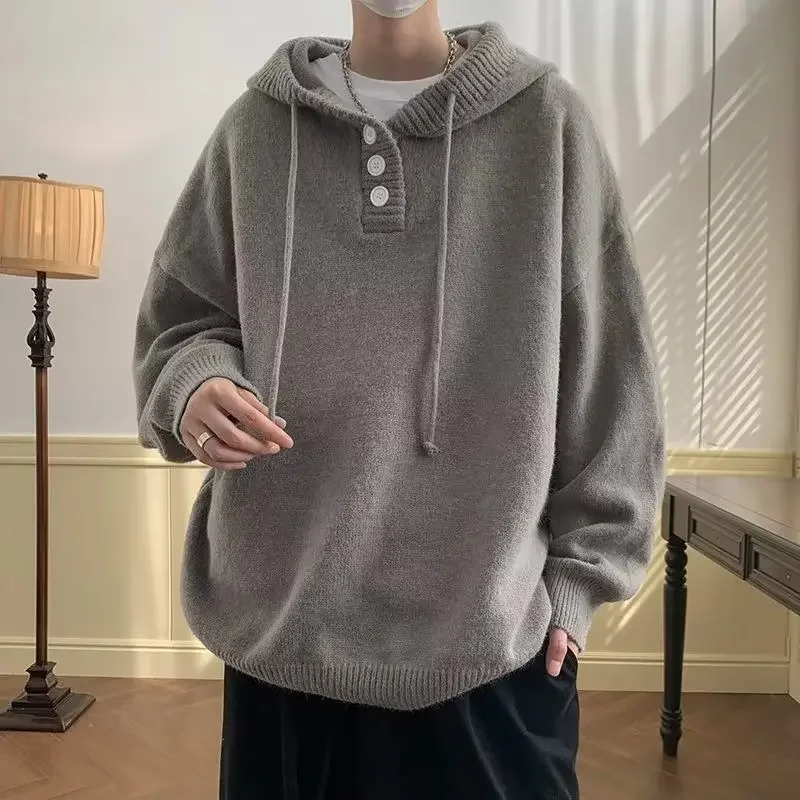 Hooded Sweater Men Autumn and Winter Japanese Vintage Lazy Style Coat Loose Oversize Wearing Hat Knit Sweater Heavy Duty Top