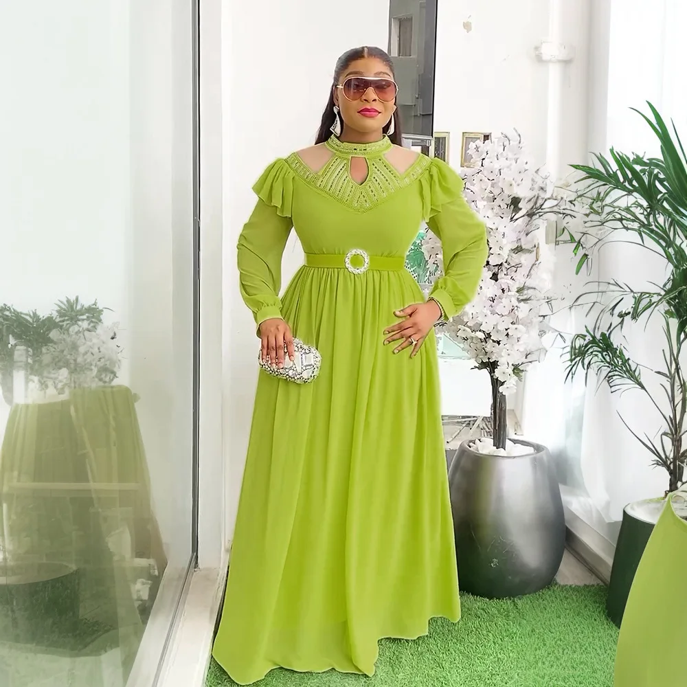 

Elegant African Dresses for Women Diamonds Evening Gown Belted Party Wedding Dress Dashiki Ankara Africa Clothing Outfits Kaftan