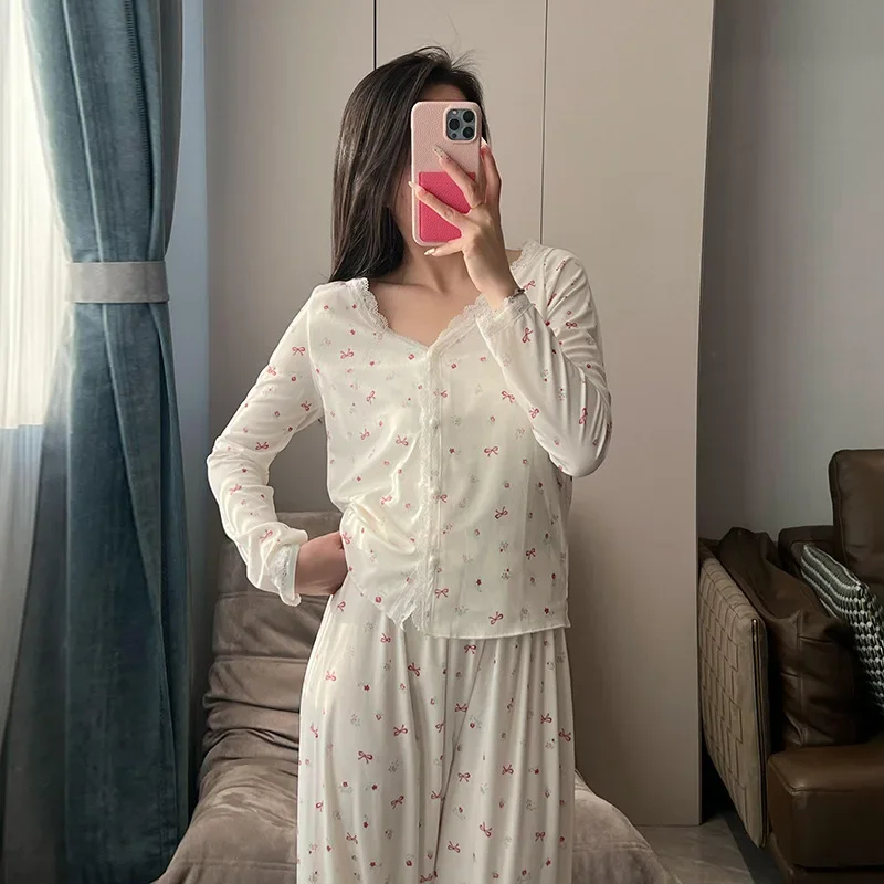 

Повседневный кардиган с принтом, пижамный комплект, женская домашняя одежда с v-образным вырезом, мягкая удобная домашняя одежда из модала, весенняя одежда для сна с длинными рукавами