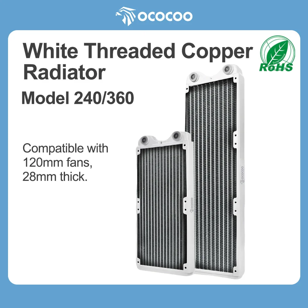 OCOCOO PC Case White Full Copper Water Cooling Radiator 240mm/ 360mm G1/4 Thread 28mm Thick Fans High-Efficiency Liquid Loop