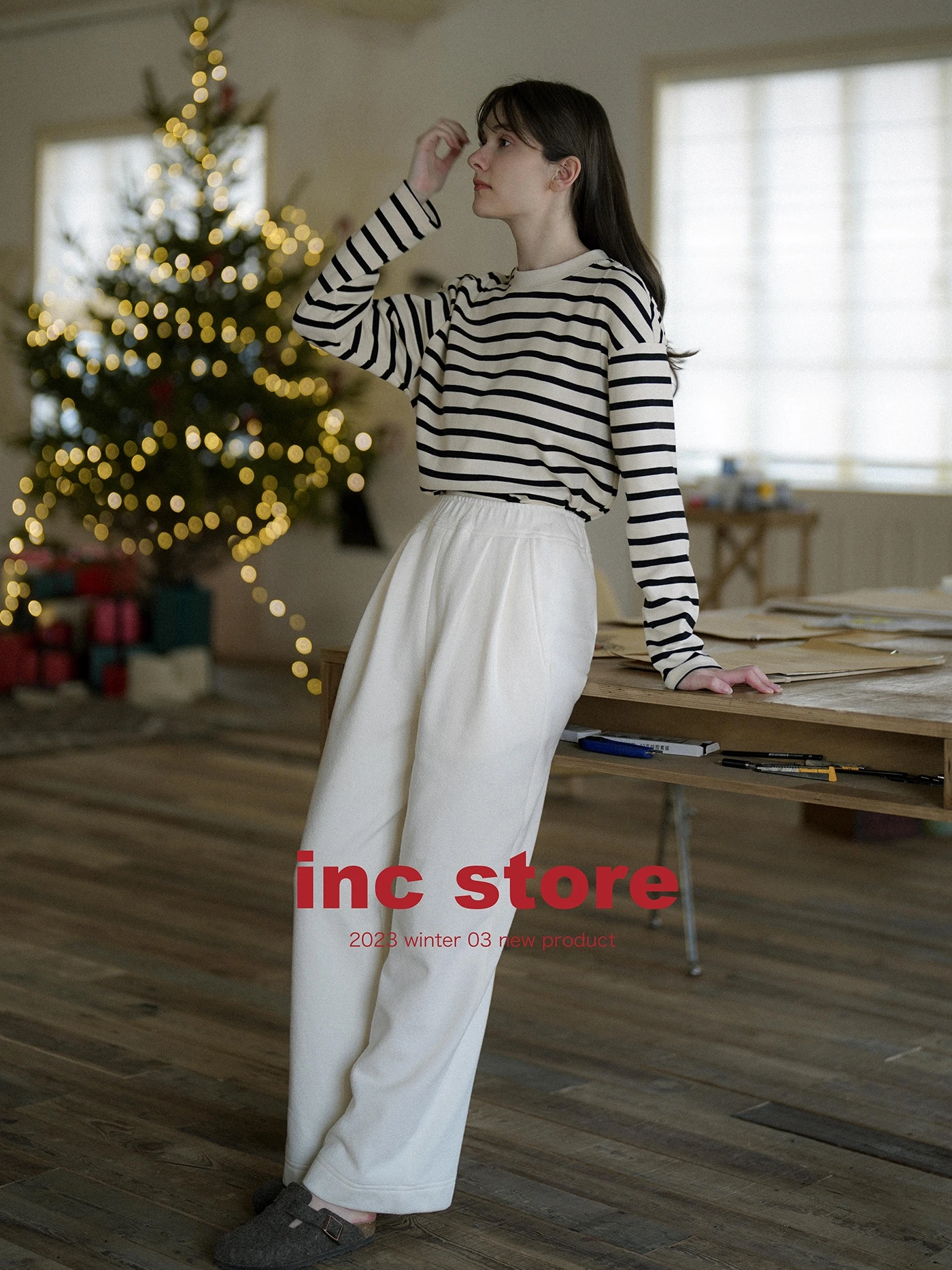 

New 2023 Autumn Winter White Elastic Waist Straight Leg Pants Versatile Commute Sle Ladies Casual Cotton Blend Trousers