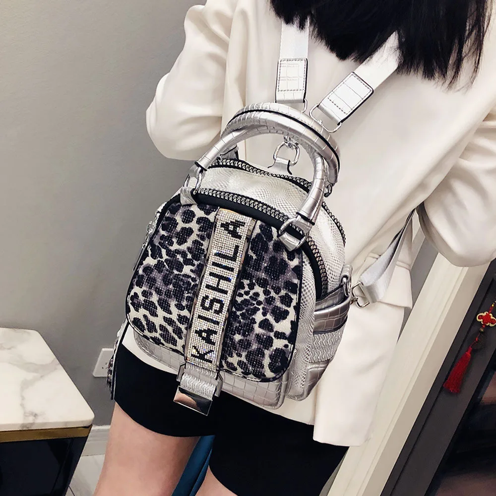 Female Leopard Pattern Alligator Plaid Medium Size Leather Rhinestone Backpack Vintage Retro Travel Luxury Designer Backpack