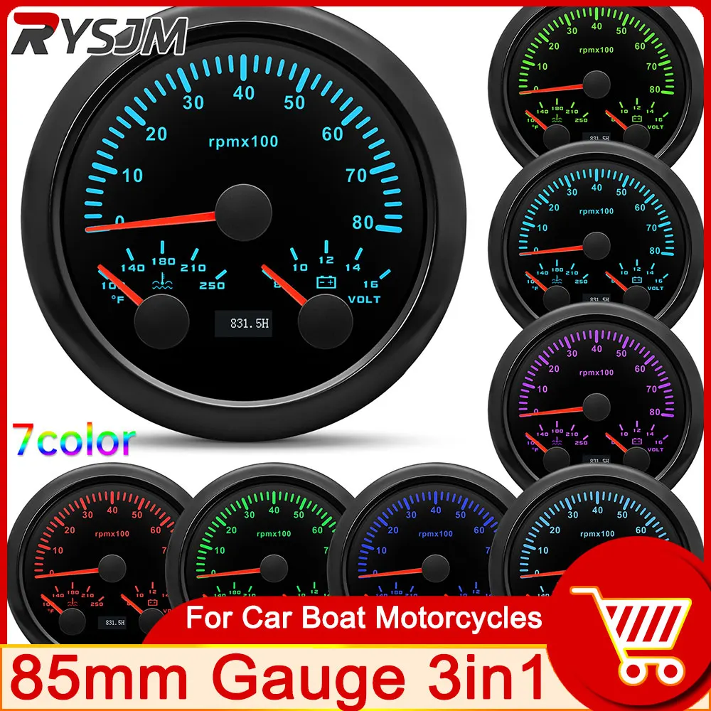 3in1 12V 85mm Tachometer 8K RPM Water Temp Gauge Fahrenheit Degree Voltmeter Dust-proof for Car Marine Boat Yacht RV customized