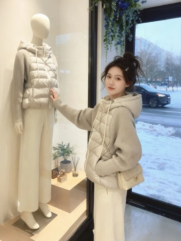 

Корейская уникальная очень милая вязаная куртка-пальто с капюшоном из хлопка в стиле пэчворк, маленький размер, очаровательный пуховик, зимняя модная женская одежда...