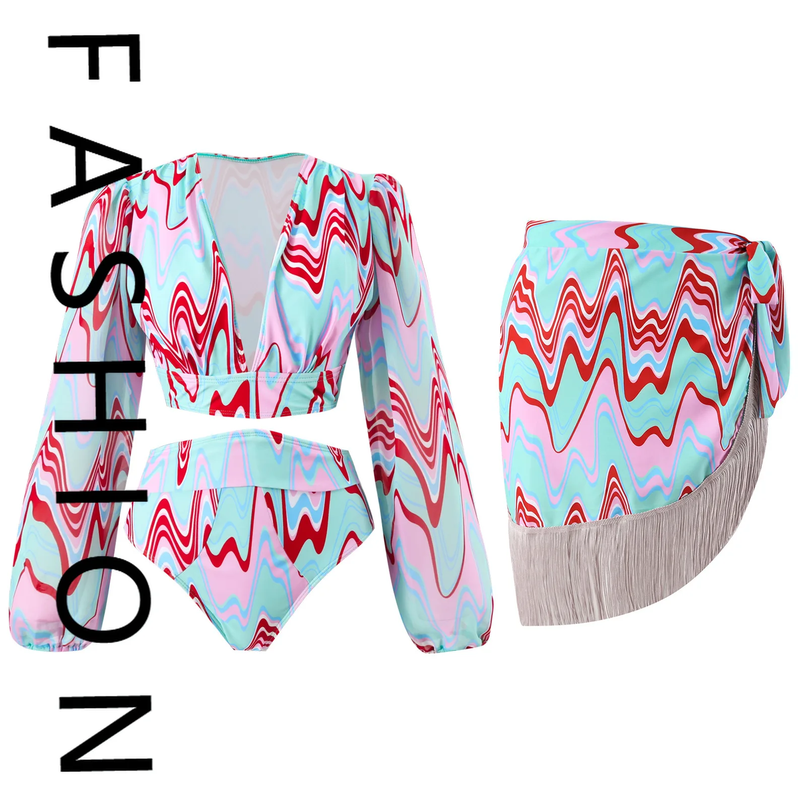 Новинка 2025 года, сексуальный бикини с разрезом, сетчатая юбка, юбка с запахом, модный купальник с длинными рукавами, пляжный купальник, консервативный чехол на живот