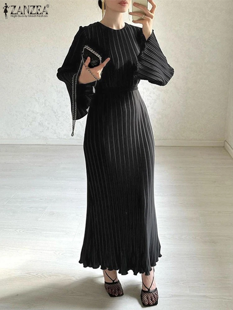 

ZANZEA Sexy Pleating Party Dress Women Long Flare Sleeve Robe Elegant O-neck Belted Sundress 2025 Summer Solid Color Long Robes