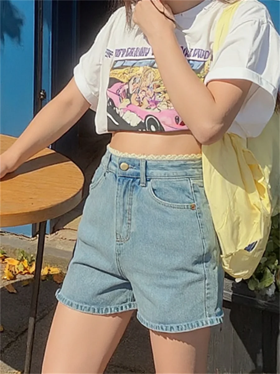 Pantaloncini da donna a vita alta con fori piccoli diamanti decorazione pendolari gialli taglie comode movimento punto finiture