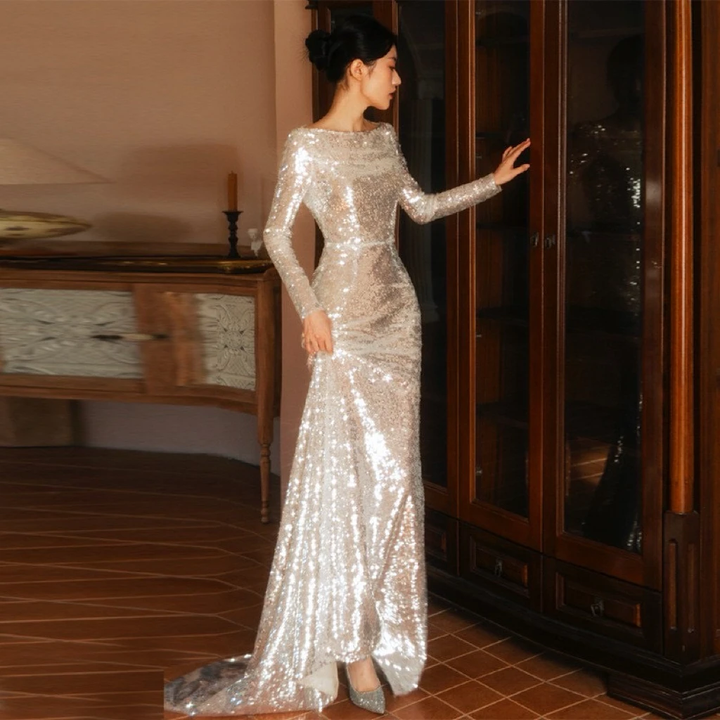 

Shiny Ivory Prom Dresses Long Sleeve Detachable Bow Train Sequins Sexy Mermaid Party Host Ceremony Evening Gowns High-end 2023