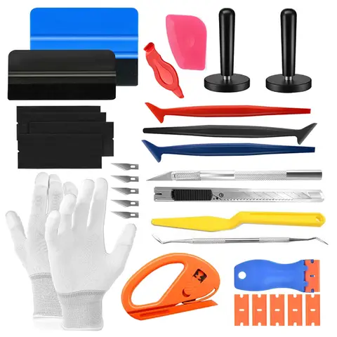 Window Tint Kit Car Wrap Tools with Felt Squeegee Utility Knife Shank Gasket Squeegee Vinyl Wrap Magnet Holder Kit Covering Tool