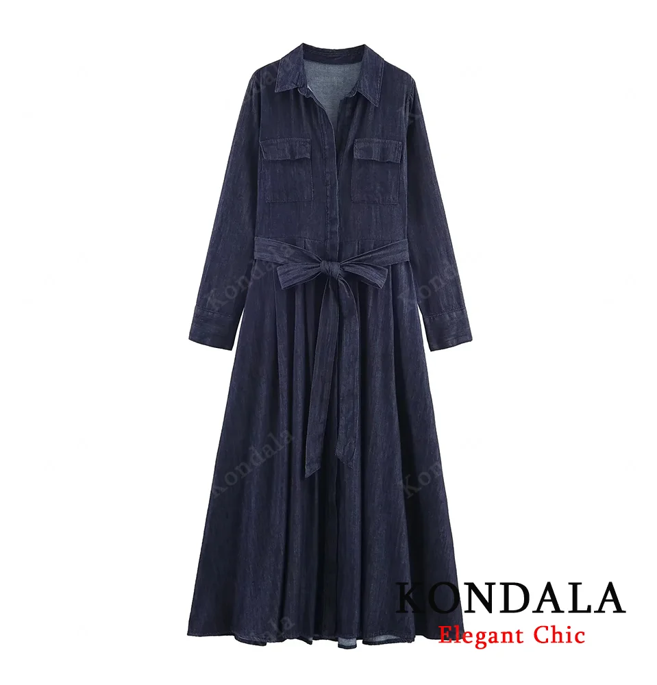 KONDALA Denim riem shirtjurk dames herfst elegante casual slanke lange jurk 2025, herfstmode feest dames sjerpen lange jurk
