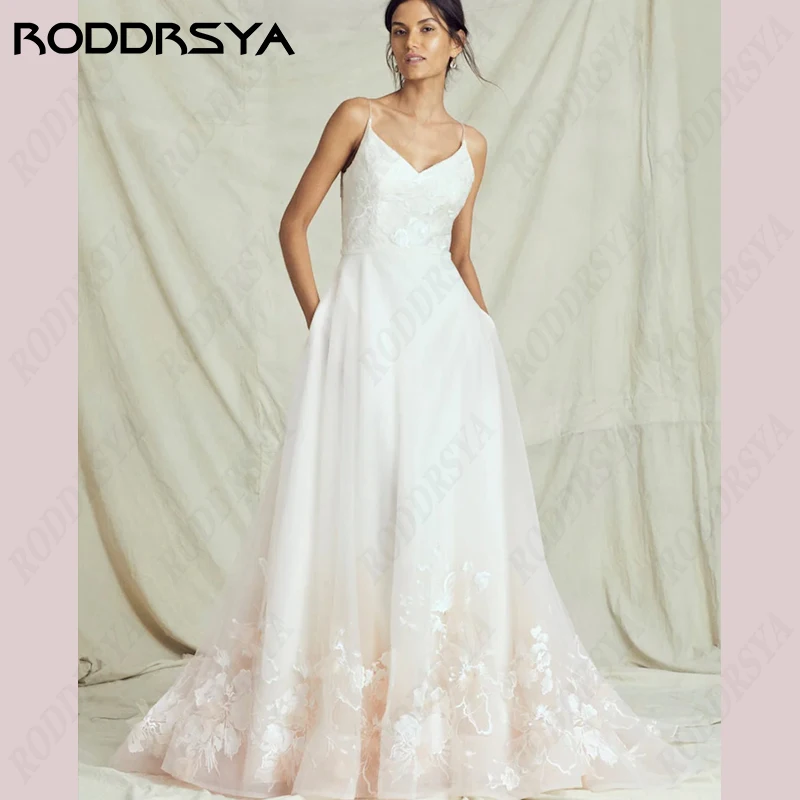 RODDRSYA-vestido De novia con Espalda descubierta, traje De novia De línea a con apliques De tul, estilo bohemio, con tirantes finos De encaje, para fiesta De novia-vestido De novia con Espalda descubierta, traje De no