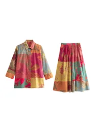 New In Matching Sets Spring Summer Boho Vintage Patchwork Print Womens 2 Piece Outfit Set 3/4 Sleeve Shirt And Midi Skirt Set