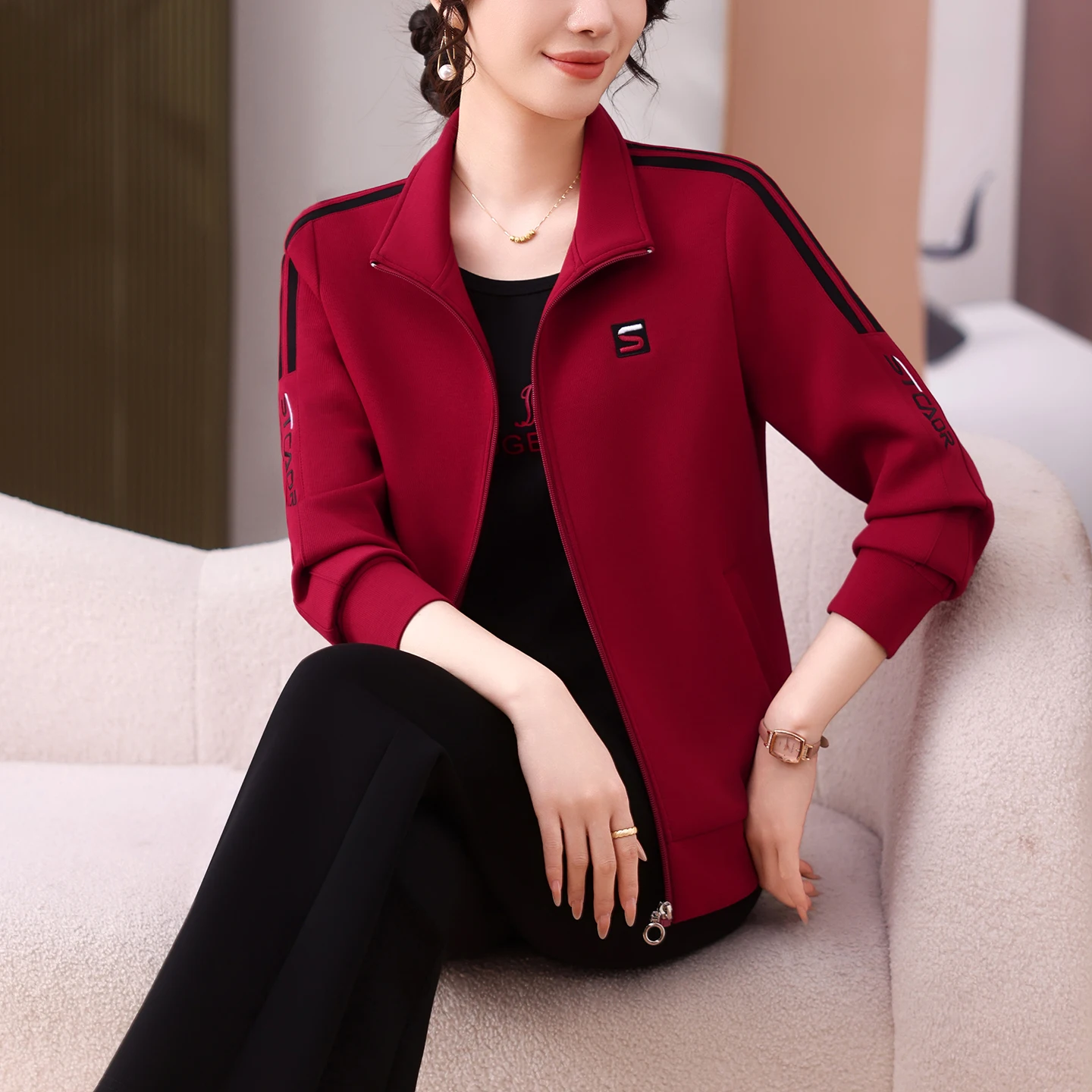 

Повседневный женский спортивный костюм свободного кроя для весны и осени, удобный комплект из смесового полиэстера и хлопка с застежкой-молнией