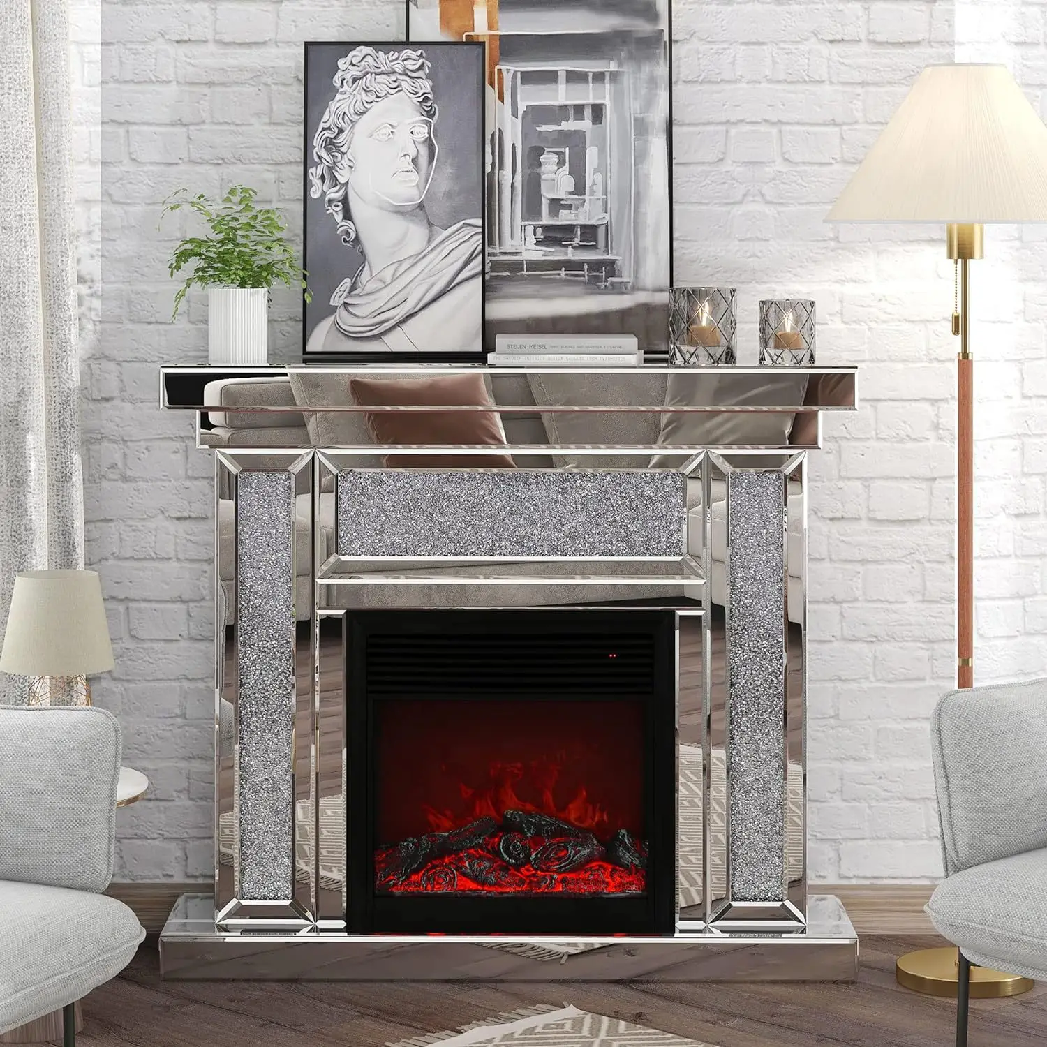 Silver smart remote control mirror electric fireplace TV bracket, crystal broken diamond decoration, with 3D real flame effect