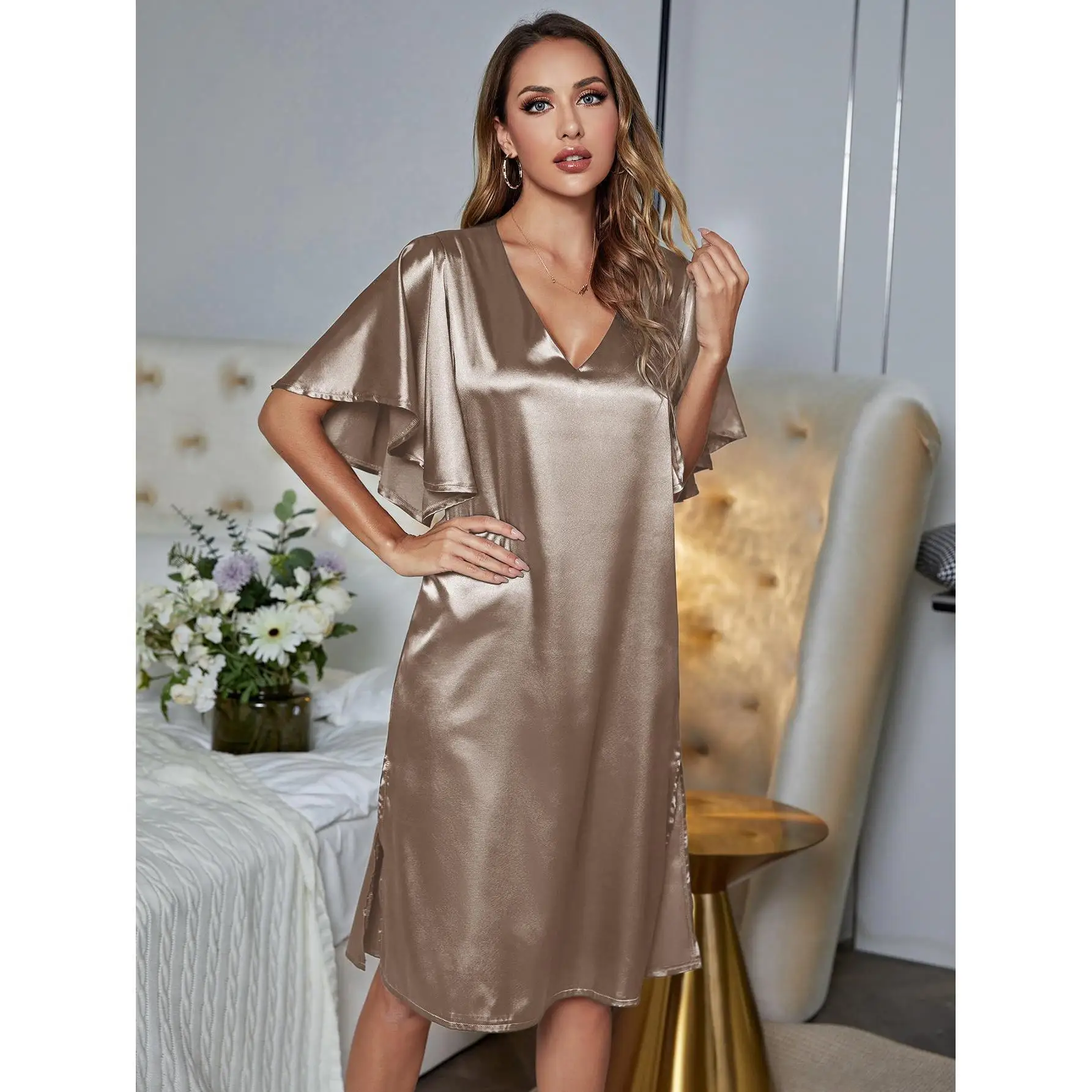 Sleepwear Dresses V Necked for Women Pajama Ruffled Short Sleeves Side Split Homewear Female Nightwear Loungewear