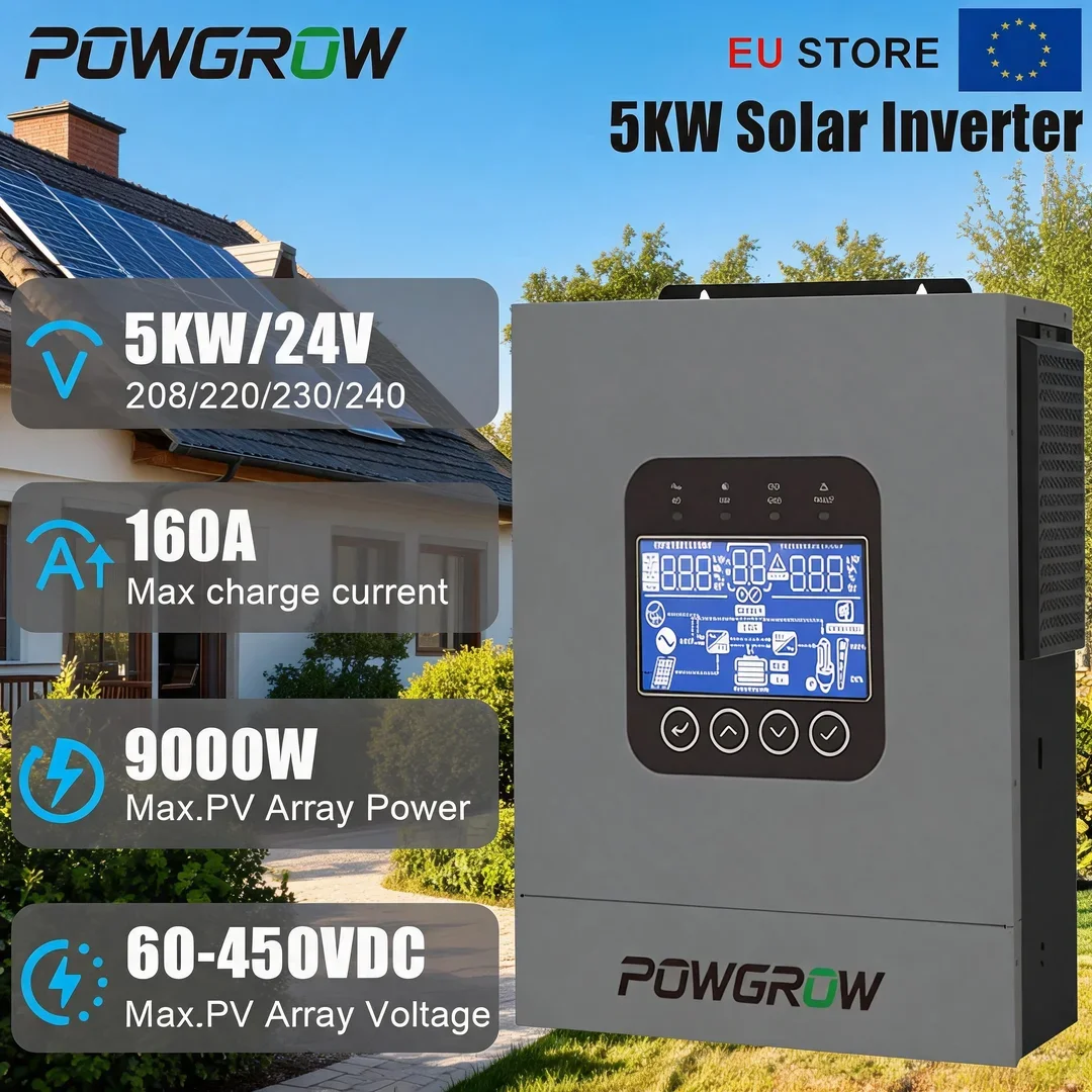 POWGROW 5000W 24V Onduleur Solaire Hybride à Onde Sinusoïdale Pure MPPT Entrée PV 60-450V 160A Hors Réseau Wi-Fi Intégré BMS Fonctionne Sans Batterie UE