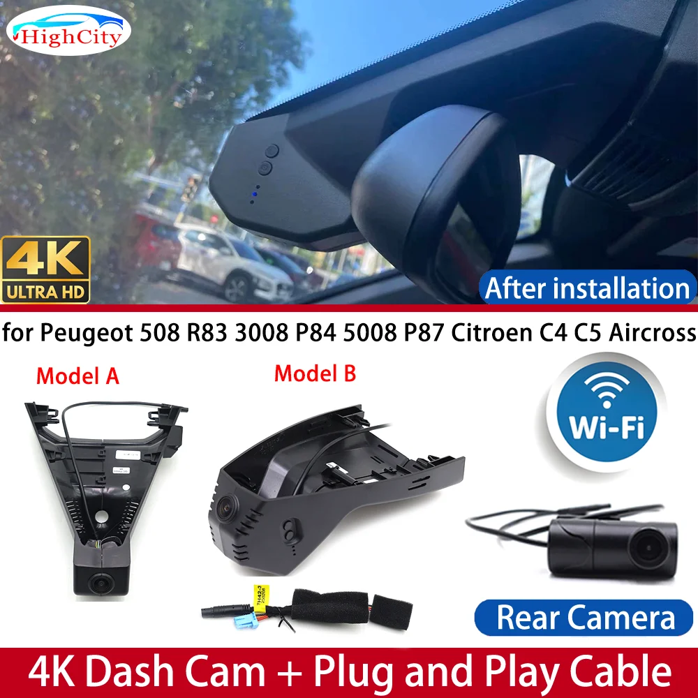 Dash Cam for Peugeot 508 R83 3008 P84 5008 P87 Citroen C4 C5 Aircross Front＆Rear 4K DVR Dashboard Camera Video Drive Recorder