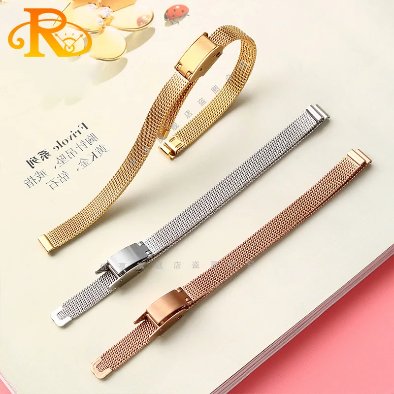 6 مللي متر 8 مللي متر 10 مللي متر 12 مللي متر 14 مللي متر 16 مللي متر عرض حجم صغير السيدات الفولاذ المقاوم للصدأ مشبك شبكة حزام حزام ساعة رقيقة جدا الصلب أساور