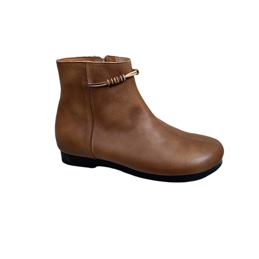 Birkuir Retro Women Ankle Boots Side Zip High Top Round Toe Low Heel Shoes Genuine Leather Luxury String Beads Short Boots image 6
