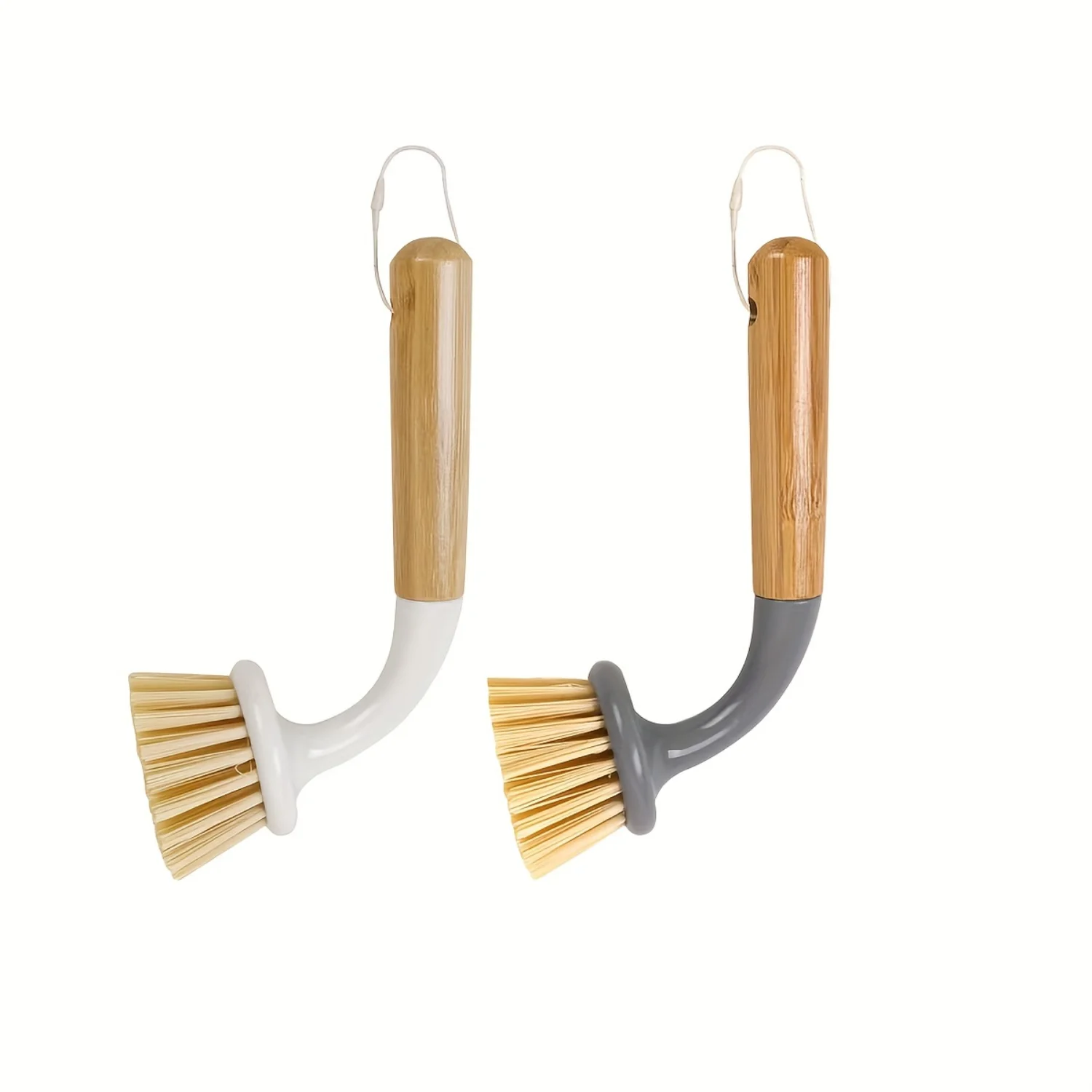 Bamboo Handle Cleaning Brush Set, 2pcs, Long Curved Handle, Random Color