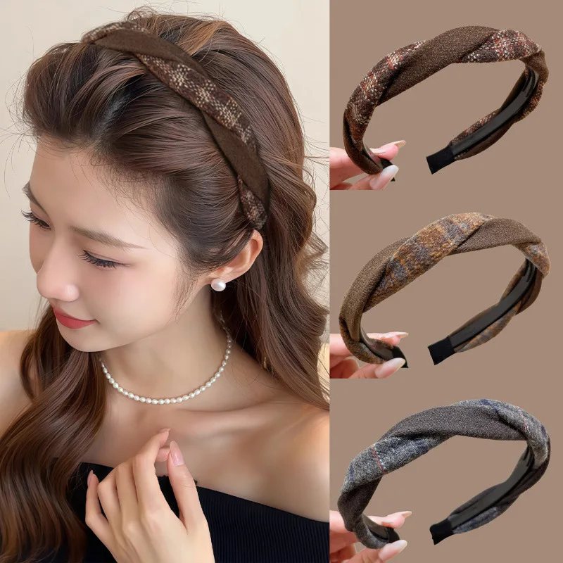 12PCS/LOT Maillard Slim High-top Headband for Women Autumn Trendy Hair Accessory Handmade Plaids Hairband Toothed Wholesale