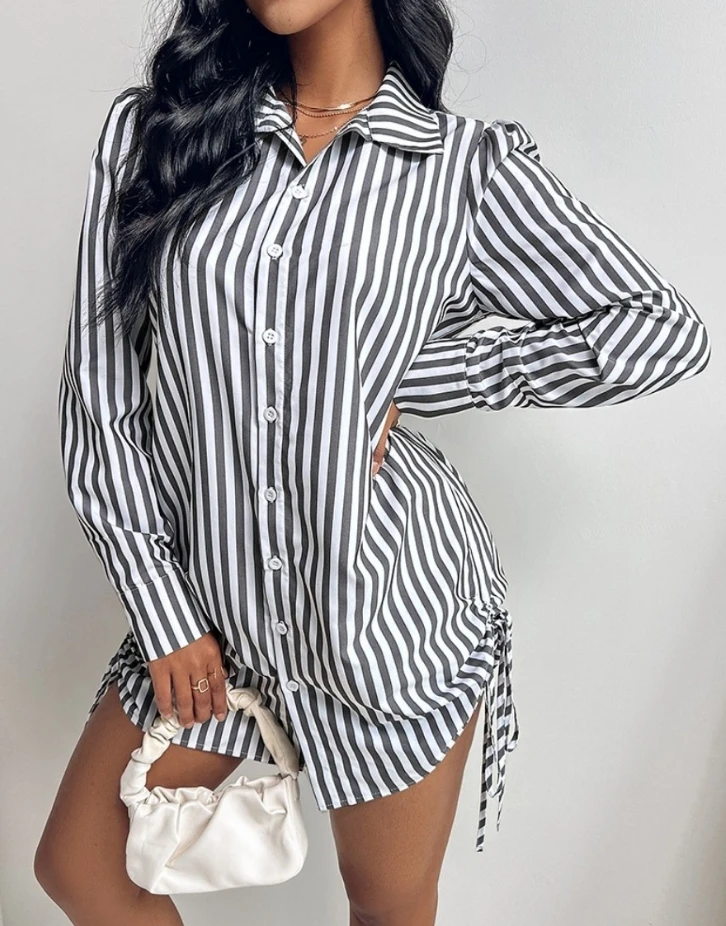 Damen kleid Mode sexy gestreiften bedruckten Trun-Down-Kragen lang ärmel ige Taille gebunden Kordel zug Seite geraffte Mini-Shirt Kleid