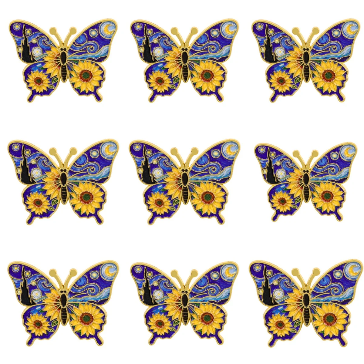 9-teiliges Van Gogh 'Sternennacht' Schmetterling Emaille-Pin-Set Kunstbrosche für Mantelkragen Reversnadeln Metallabzeichen Schmuck Geschenk