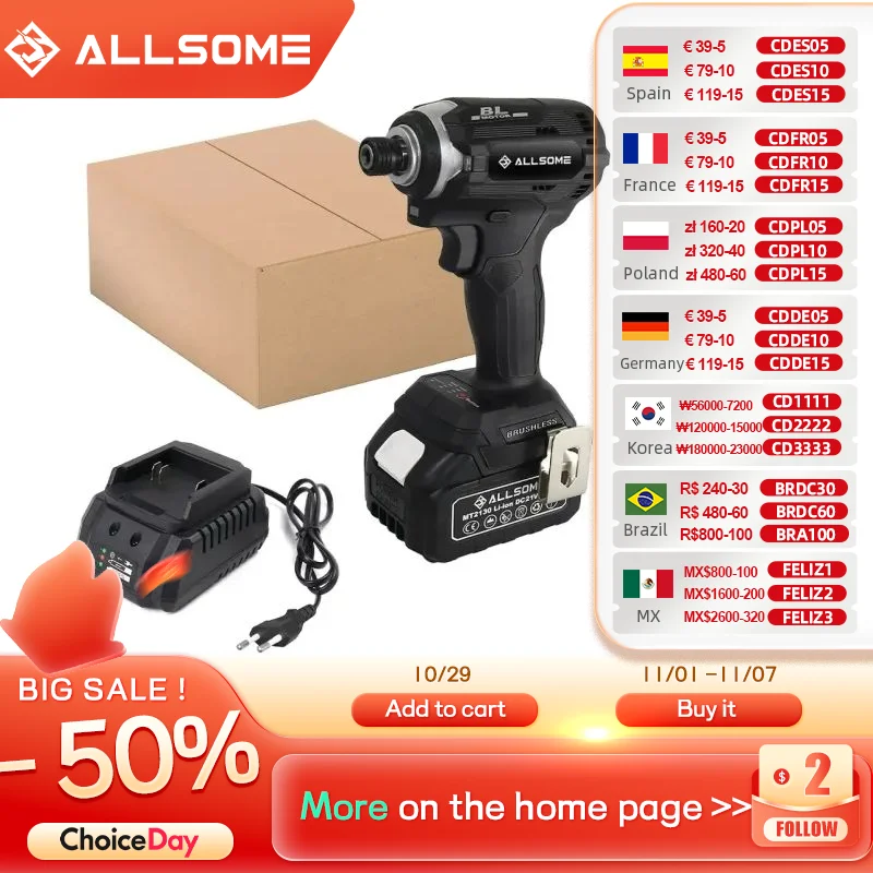 

Allsome Brushless 21V 1/4 Hex Impact Driver, Includes 3.0Ah Lithium Battery and Charger