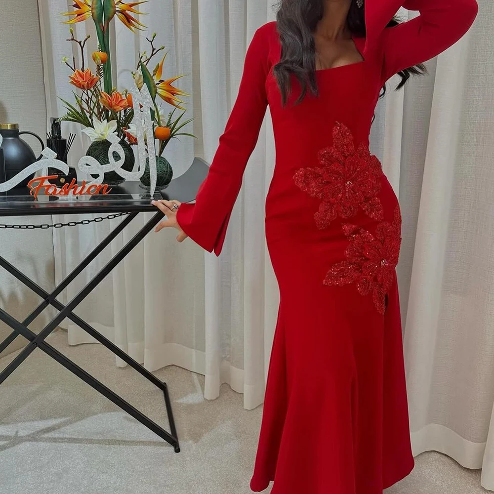 

Formal Sequined Off the Shoulder Jersey Evening Dress Modern Straight Floor Length Square Neck Long Sleeves Vestidos De Fiesta