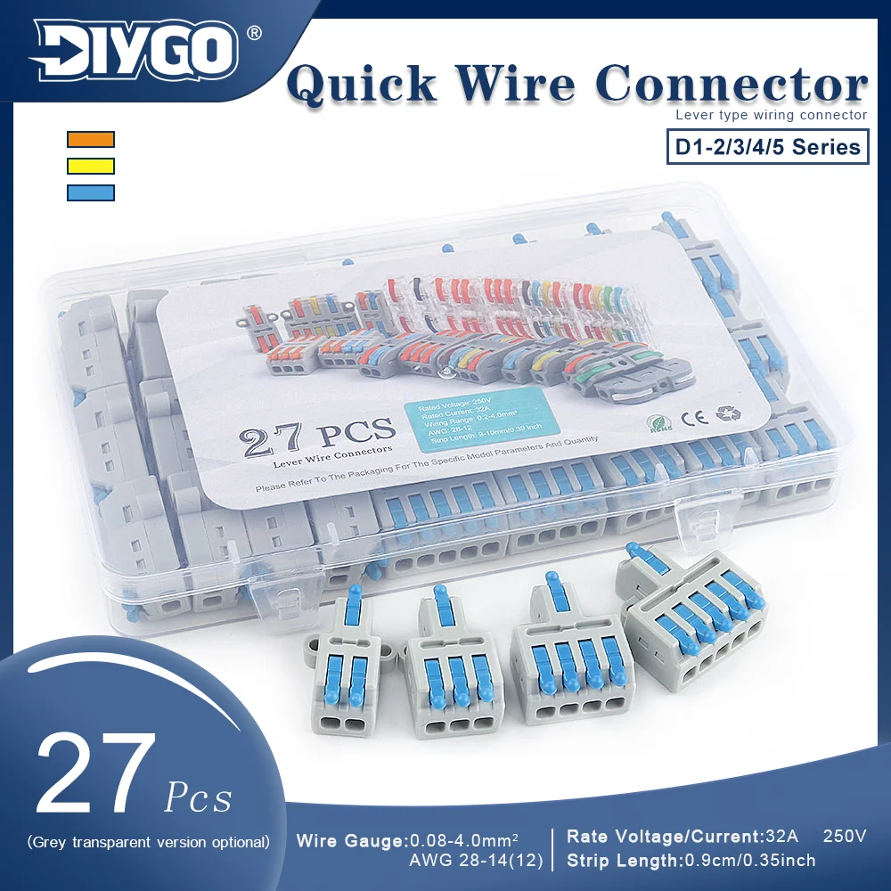 27Pcs Lever Wire Connectors Compact Electrical Terminal Block 28-12 AWG Solid Stranded Wire Quick Splicing Connection Assortment