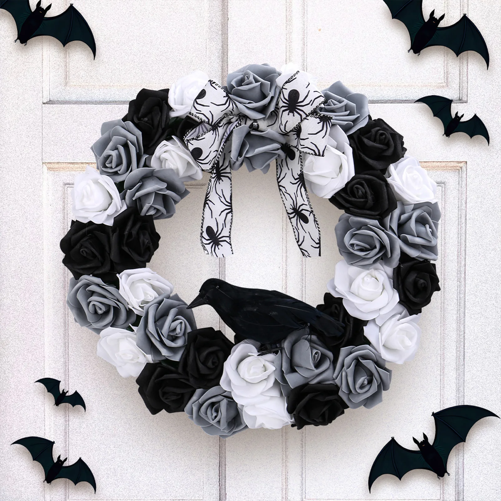 

D35cm Halloween Wreath Artificial Simulated Black White Flower Garland With Crow For Indoor Outdoor Decor Party Decoration Props