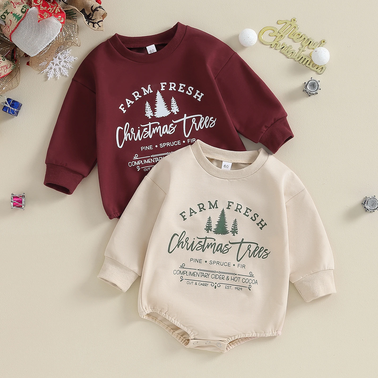 Baby Christmas Sweatshirt Romper Long Sleeve Crew Neck Letters Tree Print Bodysuit Xmas Clothes for Girls Boys