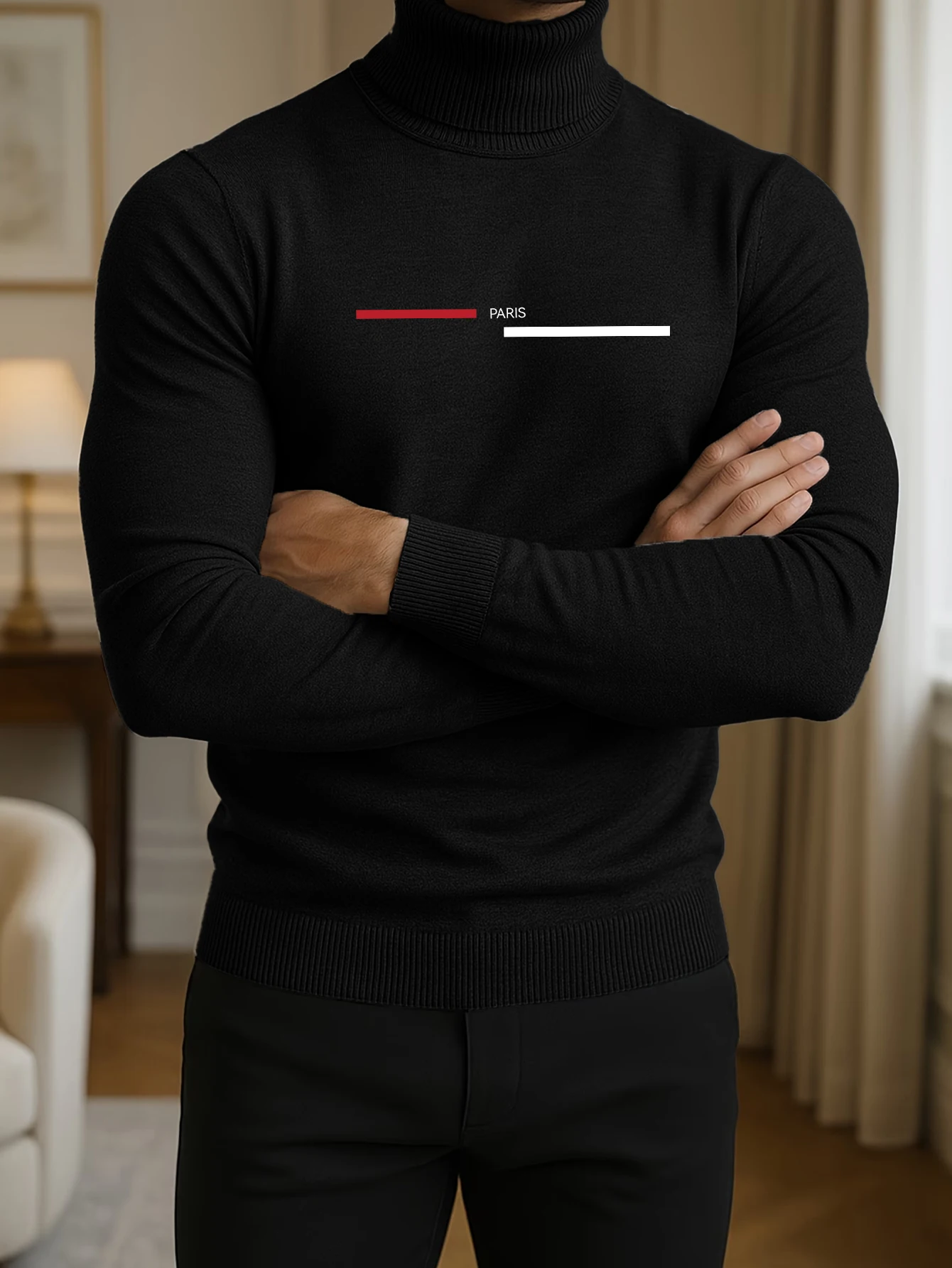 Herren Slim Fit Rollkragenpullover, Minimalistischer Paris-Linien-Brustdruck, Warmer Langarm-Pullover für Herbst und Winter, Business-Casual-Jumper – Detail 4