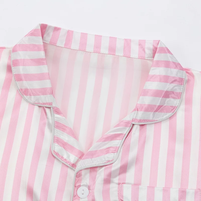 2Pcs Kids Sleepwear Girl Sweet Striped Mock Silk Satin Pajamas Sets Child Teen Cool Skin-Friendly Short Sleeve Pyjamas Nightwear