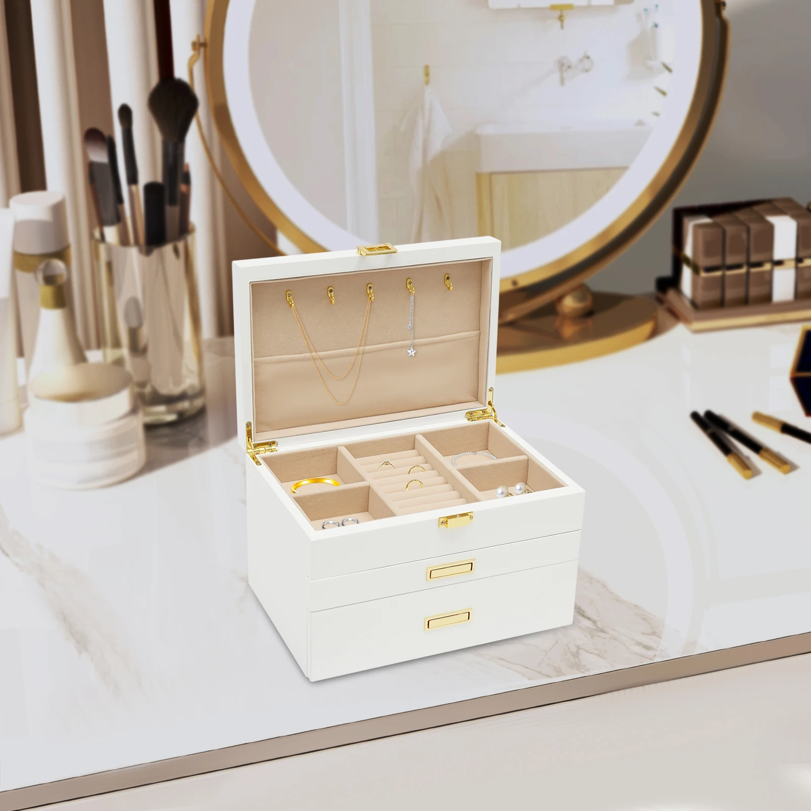 

Белый МДФ 28x19x18 см, трехслойная шкатулка для драгоценностей, полный ящик, шкаф для хранения ювелирных изделий