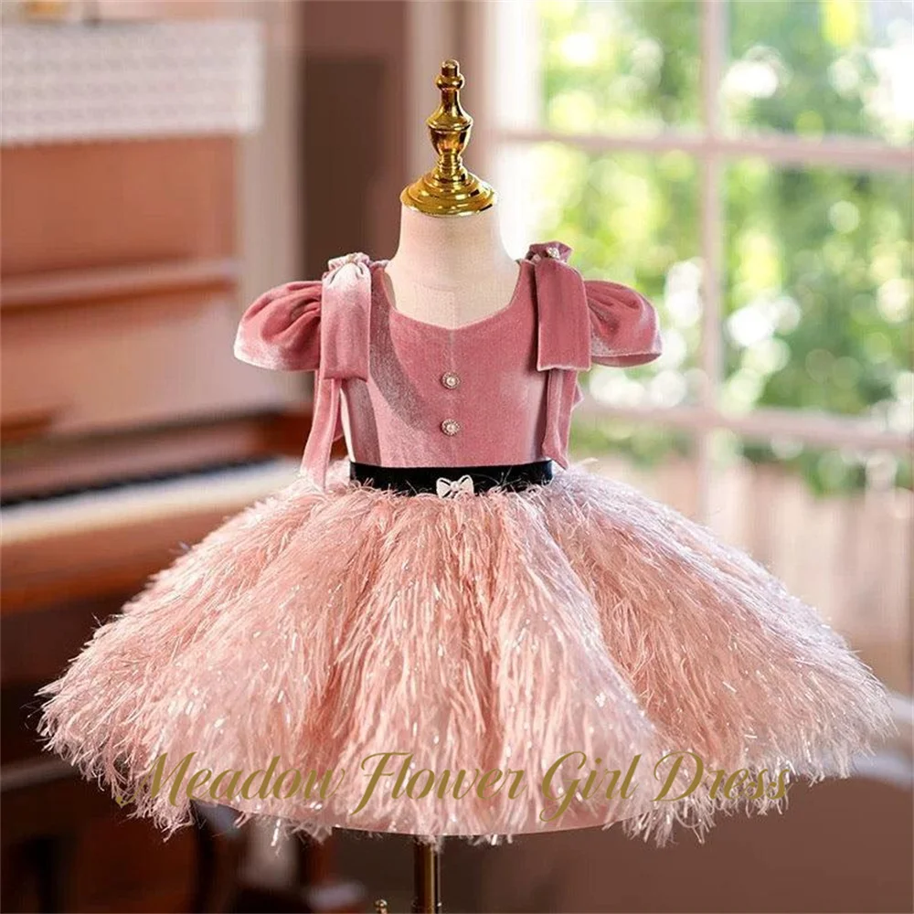 Meadow Pink Tutu Fluffy Prom Gown Off the Shoulder Children Birthday Wedding Dresses with Bow Puffed Sleeve Flower Girl Gown