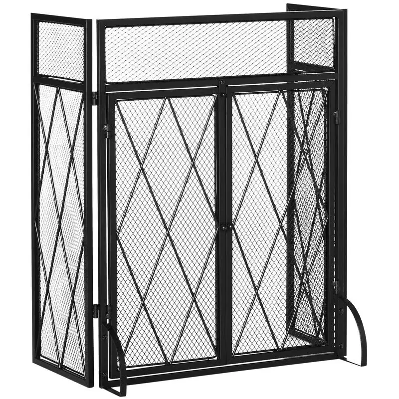 

3-Panel Folding Fireplace Screen for Wood Burning with Double Doors, Heavy Duty Steel Fire Spark Guard, 47.25"x31", Black