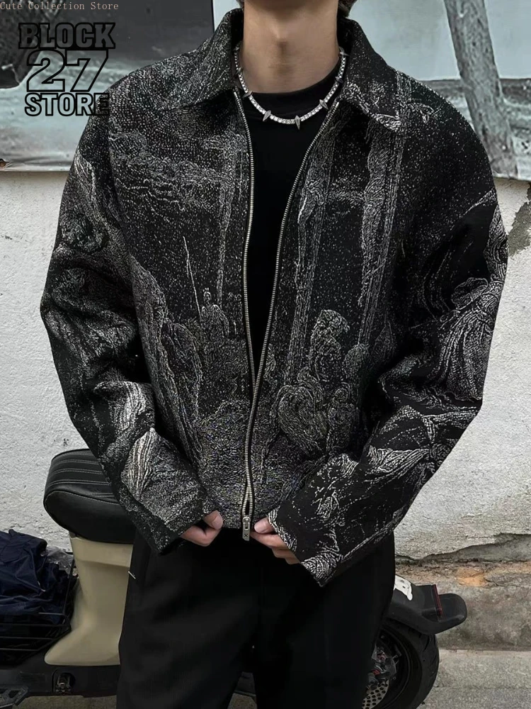

Mens Jacket Harajuku Jacquard Streetwear Heavyweight Dark Style Loose Fit Spring Autumn Textured Knit Outerwear Retro Fashion