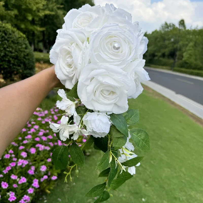 1pc White Rose Bridal Bouquet Nature Cascading Wedding Tossing Bouquet Rose Gift for Ball Party Prop Valentine's Day Flower