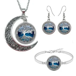 Celtic Tree of Life Glass Cabochon Necklace Stud Earrings Bracelet Bangle Set Totally 4Pcs Women's Fashion Jewelry Creative Gift