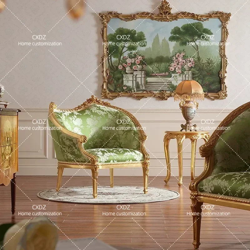 French Style Solid Wood Leisure Chair Gold Foil Comb Back European Villa Fabric Luxury Furniture High Quality Home Decor