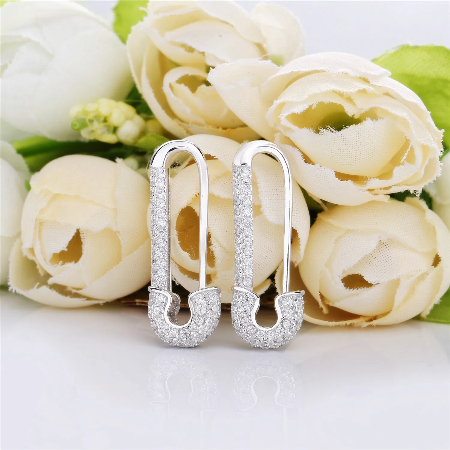 925 Sterling Silver Safety Pin Earrings Pave Inlay Full Zircon For Women's Unique Punk Style Cute Paperclip Earrings Trendy Best view 2